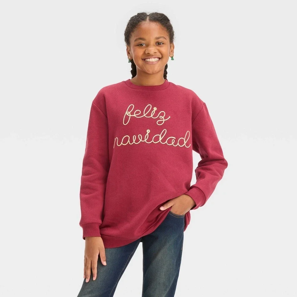 Girls' Oversized Feliz Navidad Sweatshirt - art class Maroon Size X-Large 14